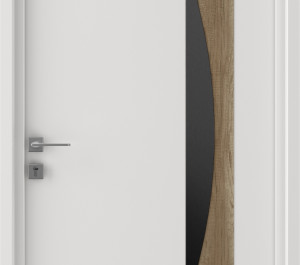 Porte d'entrée blanche avec décor bi-matériaux sur une partie rectangulaire côté droit de la porte | Menuiseries Bouvet