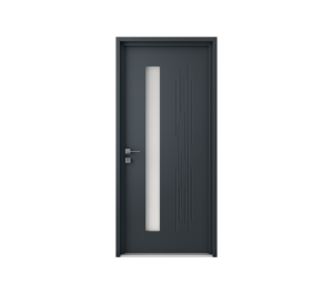 Porte d'entrée gris avec rectangulaire vitrée et décoration horizontale | Menuiseries Bouvet