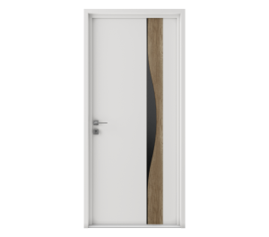 Porte d'entrée blanche avec décor bi-matériaux sur une partie rectangulaire côté droit de la porte | Menuiseries Bouvet