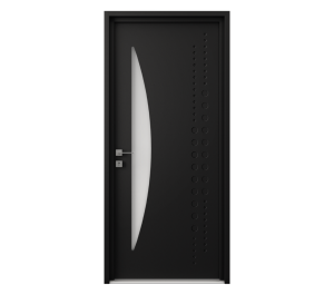 Porte d'entrée grise avec partie vitrée horizontale en demi-lune | Menuiseries Bouvet