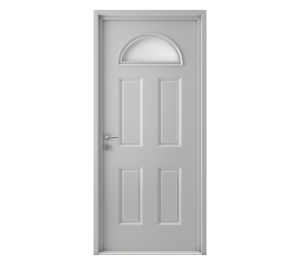 Porte d'entrée classique blanche avec une demi-lune vitrée sur la partie haute | Menuiseries Bouvet