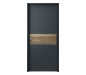 Porte d'entrée grise avec partie central effet bois | Menuiseries Bouvet