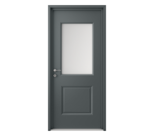 Porte d'entrée grise moderne avec surface vitrée sur la moitié de la porte en partie haute | Menuiseries Bouvet