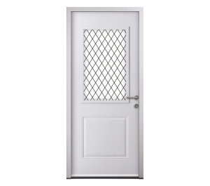 Porte d'entrée blanche avec partie en grille sérigraphiée | Menuiseries Bouvet