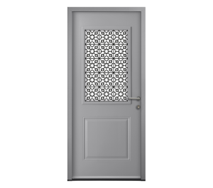 Porte d'entrée grise avec partie en grille sérigraphiée style mozaïque | Menuiseries Bouvet