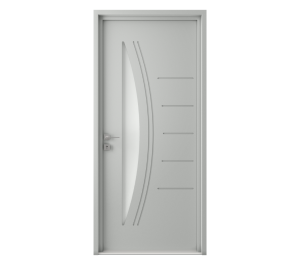 Porte d'entrée blanche avec forme géométrique vitré et décor | Menuiseries Bouvet