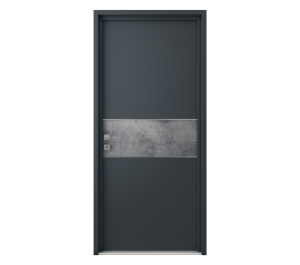 Porte d'entrée grise avec partie verticale effet béton au centre de la porte | Menuiseries Bouvet