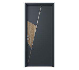 Porte d'entrée grise avec décor léger en bois et inox | Menuiseries Bouvet