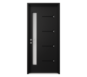 Porte d'entrée noire avec décor vitré et inox | Menuiseries Bouvet