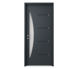 Porte d'entrée grise avec grande demi-lune vitré et lignes décoratives horizontales | Menuiseries Bouvet