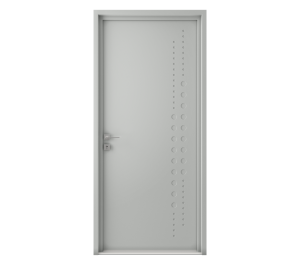 Porte grise claire avec décoration | Menuiseries Bouvet