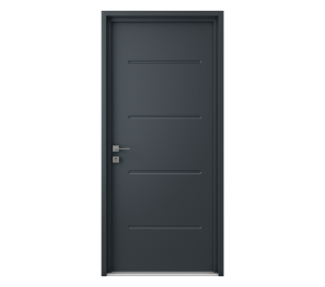 Porte d'entrée grise avec 4 lignes décoratives horizontales régulières | Menuiseries Bouvet