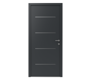 Porte d'entrée grise avec décoration lignes minimalistes en inox | Menuiseries Bouvet