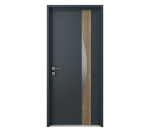 Porte d'entrée grise avec partie effet béton | Menuiseries Bouvet