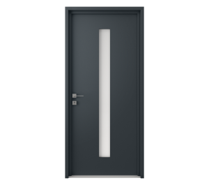Porte d'entrée grise avec rectangle central horizontal vitré | Menuiseries Bouvet