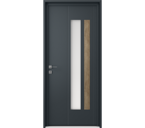 Porte d'entrée grise avec décor effet bois et vitré | Menuiseries Bouvet