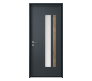 Porte d'entrée grise avec décor effet bois et vitré | Menuiseries Bouvet