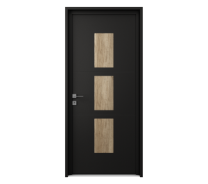 Porte d'entrée noire avec décor forme carré en bois | Menuiseries Bouvet