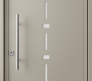 Porte d'entrée beige avec décor vitré | Menuiseries Bouvet