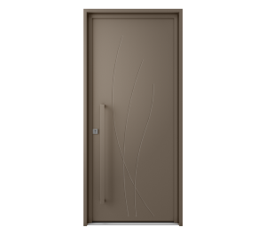 Porte d'entrée couleur taupe avec des lignes décoratives en inox et barre de tirage | Menuiseries Bouvet