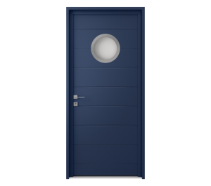 Porte d'entrée bleue avec lignes horizontales du haut en bas de la porte avec vitrage rond au centre du haut de la porte | Menuiseries Bouvet