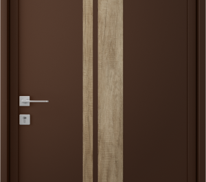 Porte d'entrée marron avec décor effet bois | Menuiseries Bouvet