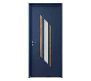 Porte d'entrée bleue avec décor effet bois et vitré | Menuiseries Bouvet