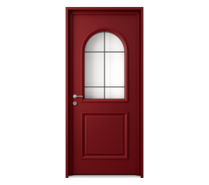 Porte d'entrée rouge avec un décor vitré courbé au centre | Menuiseries Bouvet