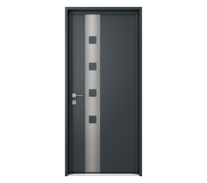 Porte d'entrée grise avec décor inox vertical composé de petits carrés | Menuiseries Bouvet