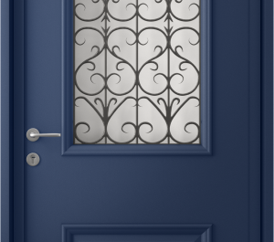 Porte d'entrée bleue avec partie vitrée et décorée | Menuiseries Bouvet