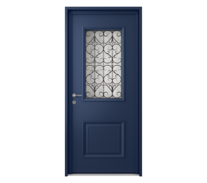 Porte d'entrée bleue avec partie vitrée et décorée | Menuiseries Bouvet
