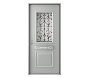 Porte d'entrée grise avec décor vitrée et grille noire et barre de tirage | Menuiseries Bouvet