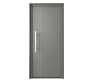 Porte d'entrée grise avec barre de tirage et lignes décoratives en quadrillage | Menuiseries Bouvet