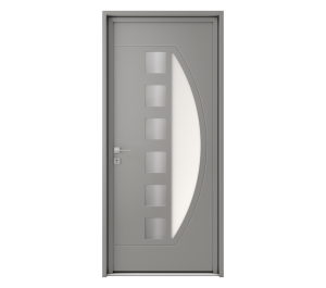 Porte d'entrée grise avec demi-lune et 6 carrés vitrés | Menuiseries Bouvet