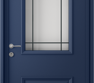 Porte d'entrée de couleur bleu avec une partie vitrée et des décors petits bois | Menuiseries Bouvet