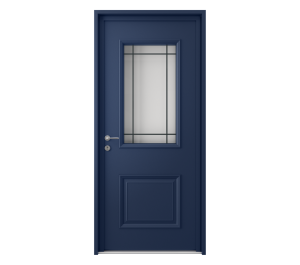 Porte d'entrée de couleur bleu avec une partie vitrée et des décors petits bois | Menuiseries Bouvet