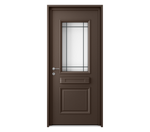 Porte d'entrée marron avec barre de tirage et décors vitrés | Menuiseries Bouvet