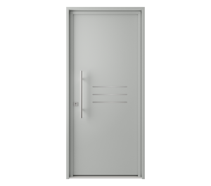 Porte d'entrée grise avec décor inox et barre de tirage | Menuiseries Bouvet