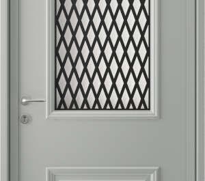 Porte d'entrée grise avec partie vitrée composée d'une grille noire | Menuiseries Bouvet