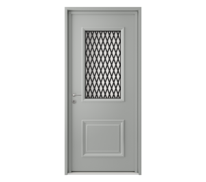 Porte d'entrée grise avec partie vitrée composée d'une grille noire | Menuiseries Bouvet