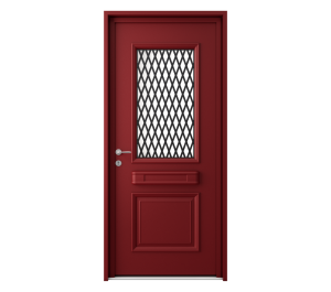 Porte d'entrée rouge avec partie haute vitrée et grille noire | Menuiseries Bouvet