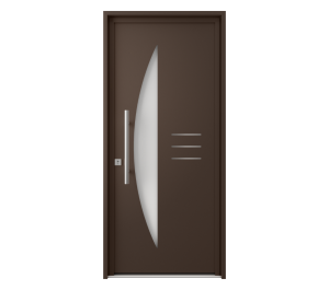 Porte d'entrée marron avec demi-lune vitrée ainsi que décors vitrés parsemés | Menuiseries Bouvet