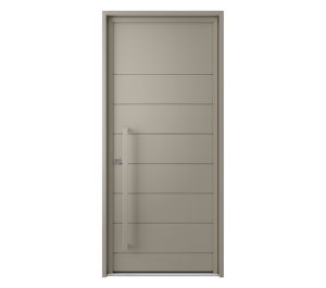 Porte d'entrée grise avec barre de tirage et décor horizontaux | Menuiseries Bouvet