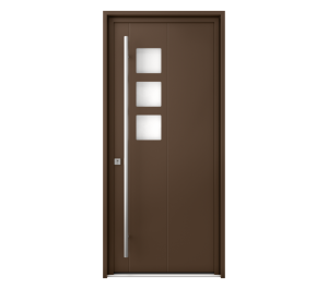 Porte d'entrée marron avec barre de tirage et 3 carrés vitrés | Menuiseries Bouvet