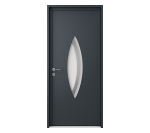 Porte d'entrée grise avec décor vitré et courbes décoratives | Menuiseries Bouvet