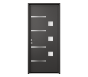 Porte d'entrée grise avec décor lignes et petits carrés | Menuiseries Bouvet