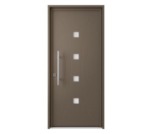 Porte d'entrée marron composée de courbes décoratives ainsi que 4 carré vitrés | Menuiseries Bouvet
