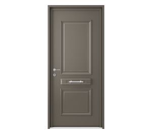 Porte d'entrée pleine couleur taupe avec décor et barre de tirage | Menuiseries Bouvet