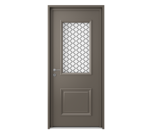 Porte d'entrée taupe avec grille sérigraphiée | Menuiseries Bouvet