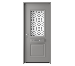 Porte d'entrée grise avec une partie vitrée et une grille sérigraphiée | Menuiseries Bouvet